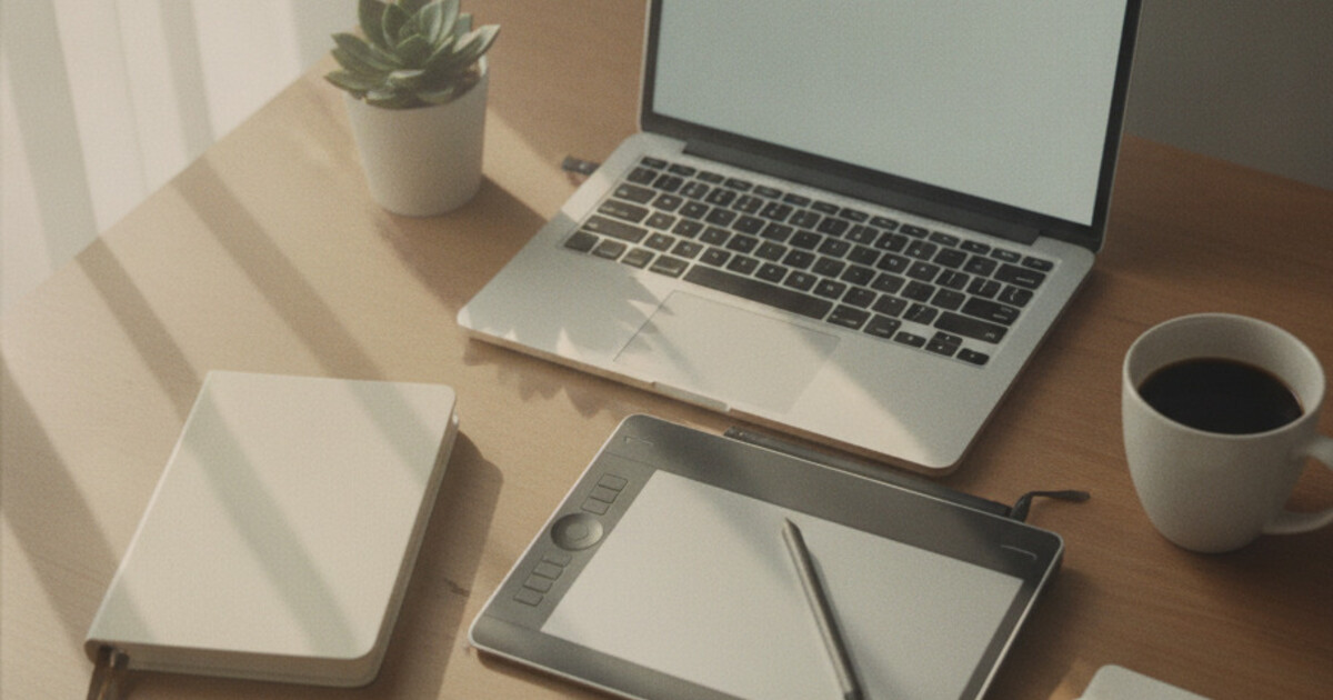 A designer's desk with a laptop, stylus, tablet, and coffee in soft editorial light