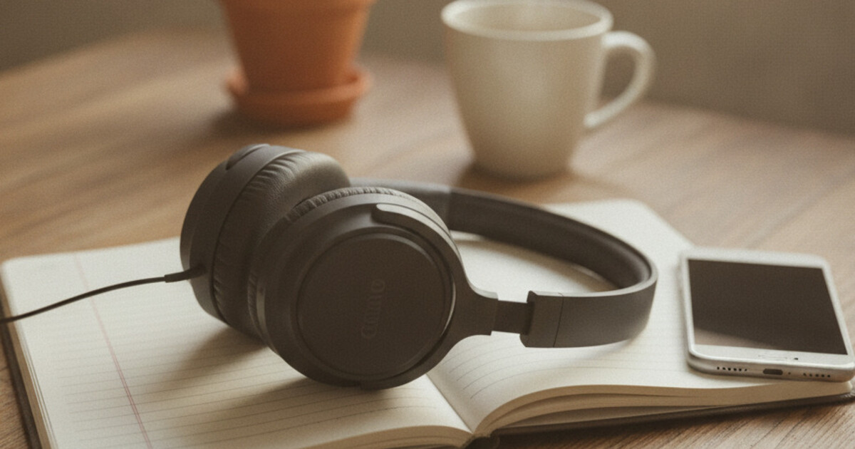 Over-ear headphones resting on an open notebook beside a phone on a warm wooden desk