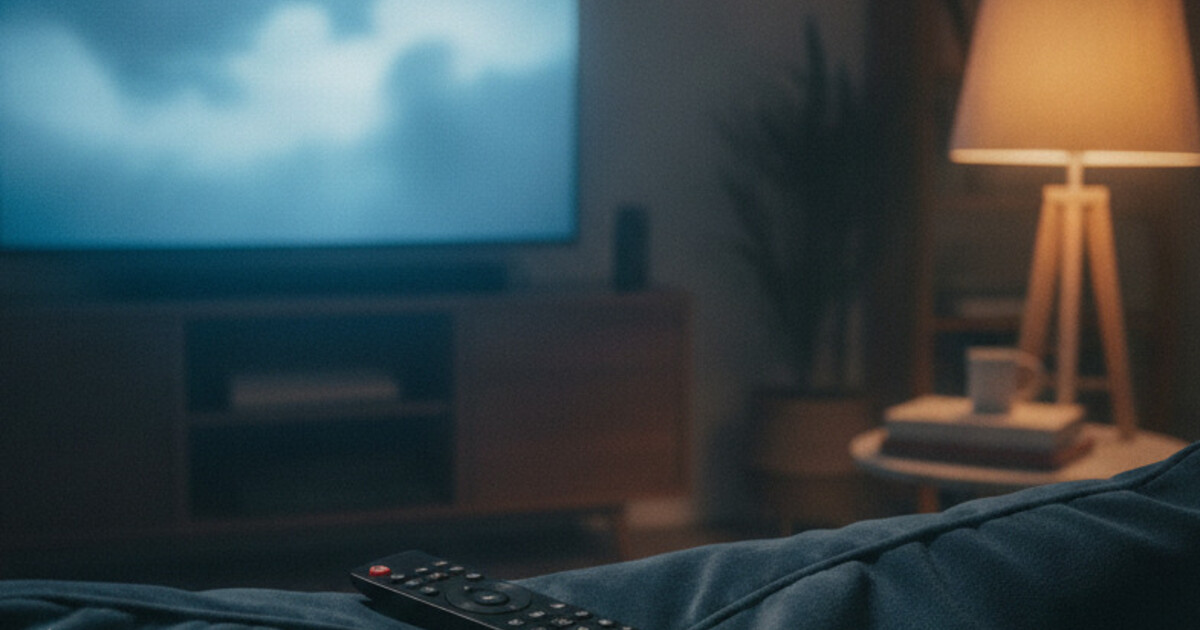 A dim cozy living room at night with a TV glowing and a remote resting on the couch
