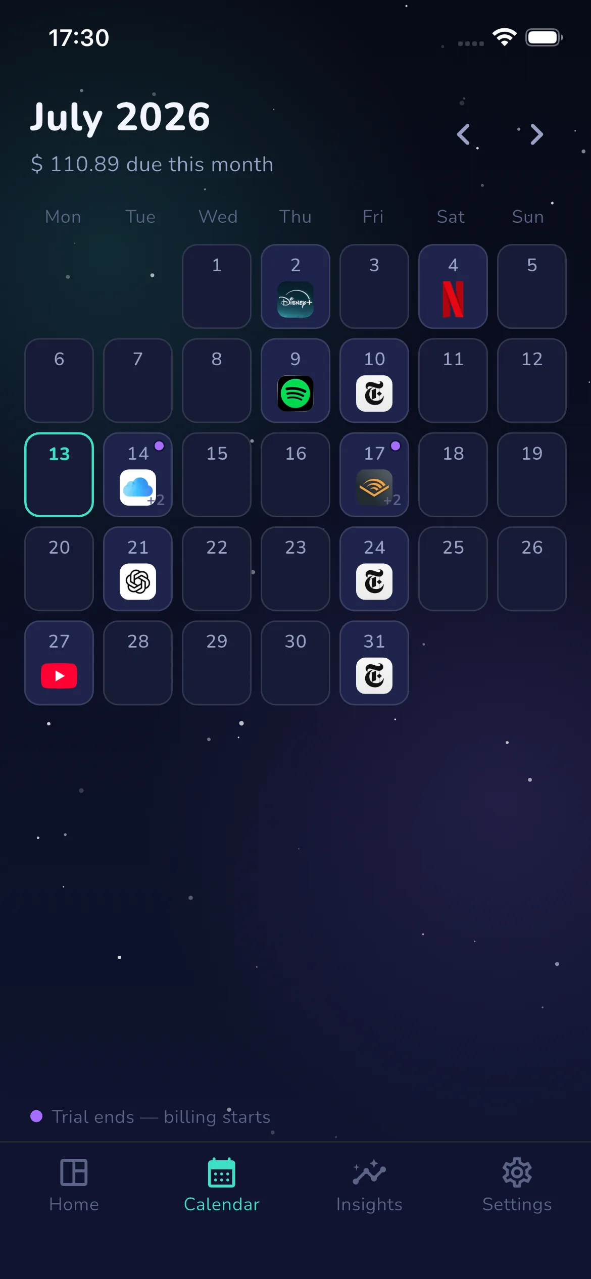 Ditchr renewal calendar showing which subscriptions bill on each day of the month