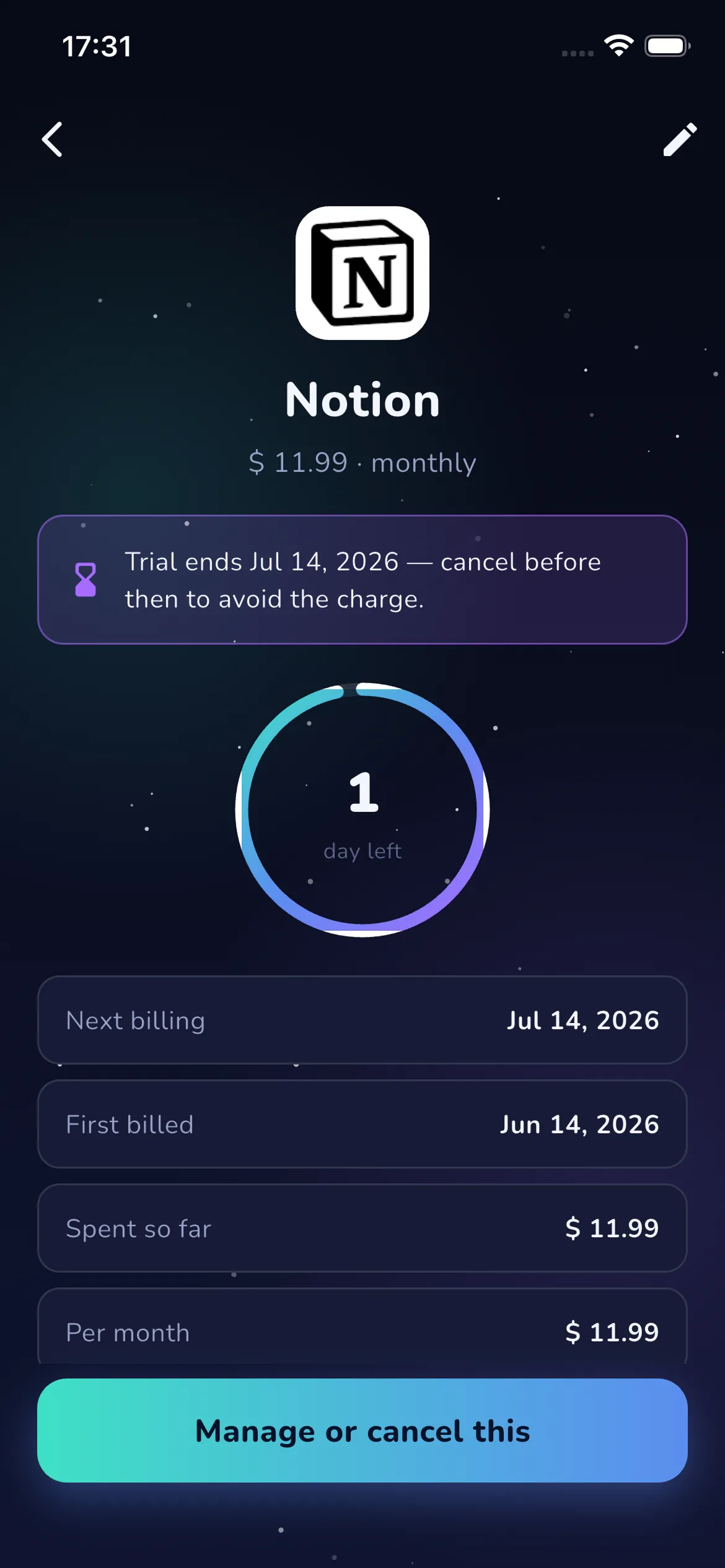 Ditchr free-trial countdown showing days left before a subscription is charged