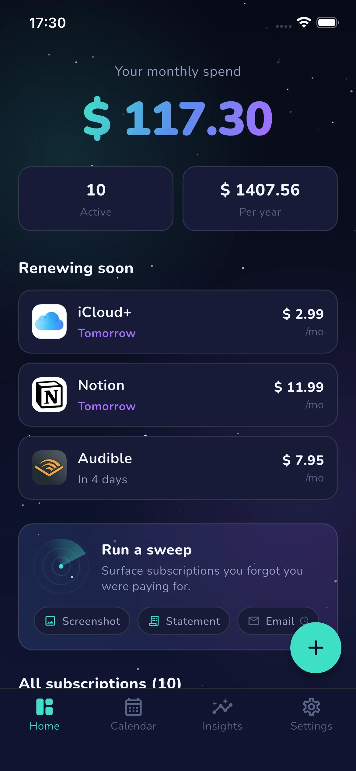 Ditchr subscription dashboard showing monthly spend